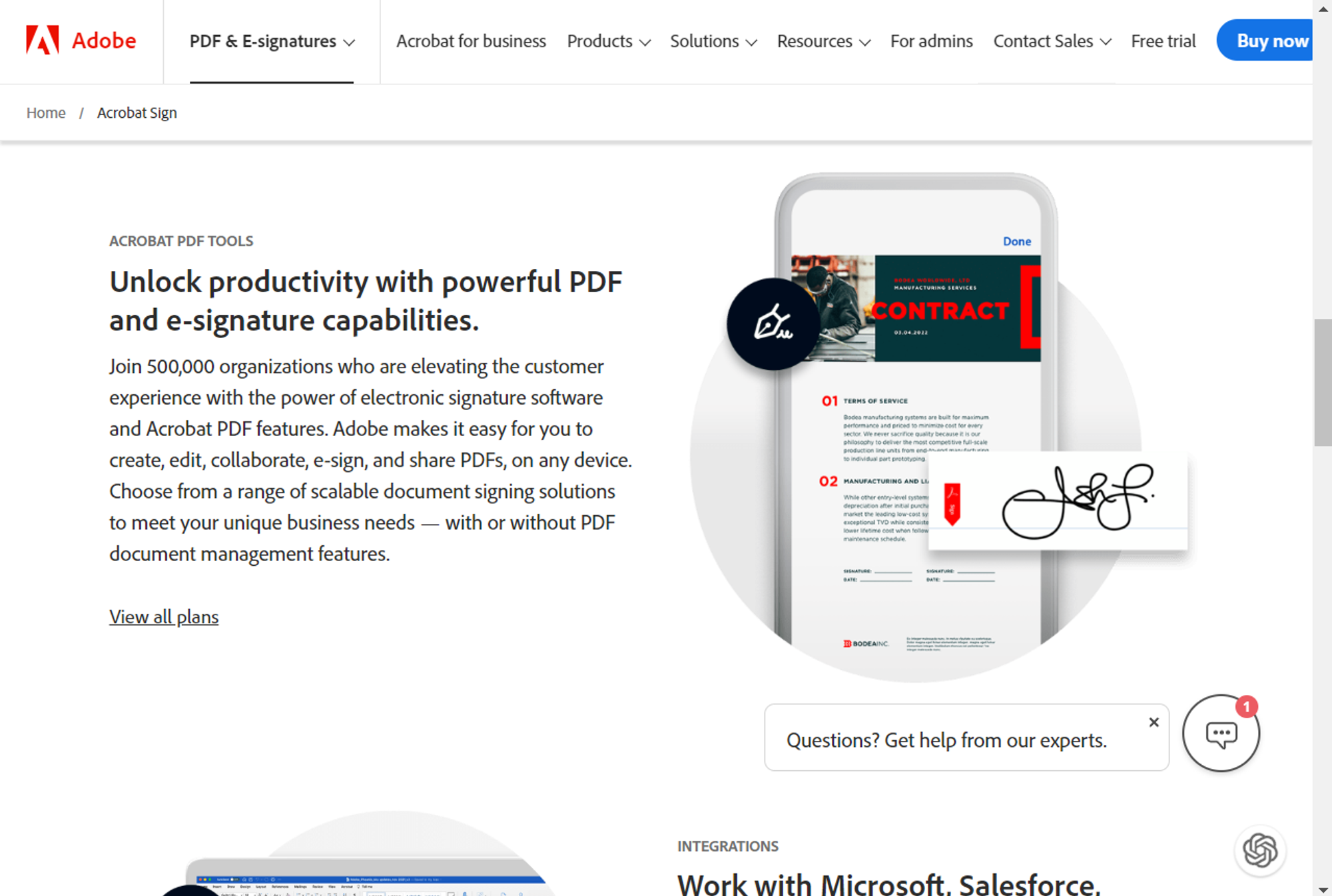 Adobe Acrobat Sign promotional page showing PDF editing and e-signature features with integration options like Microsoft and Salesforce.