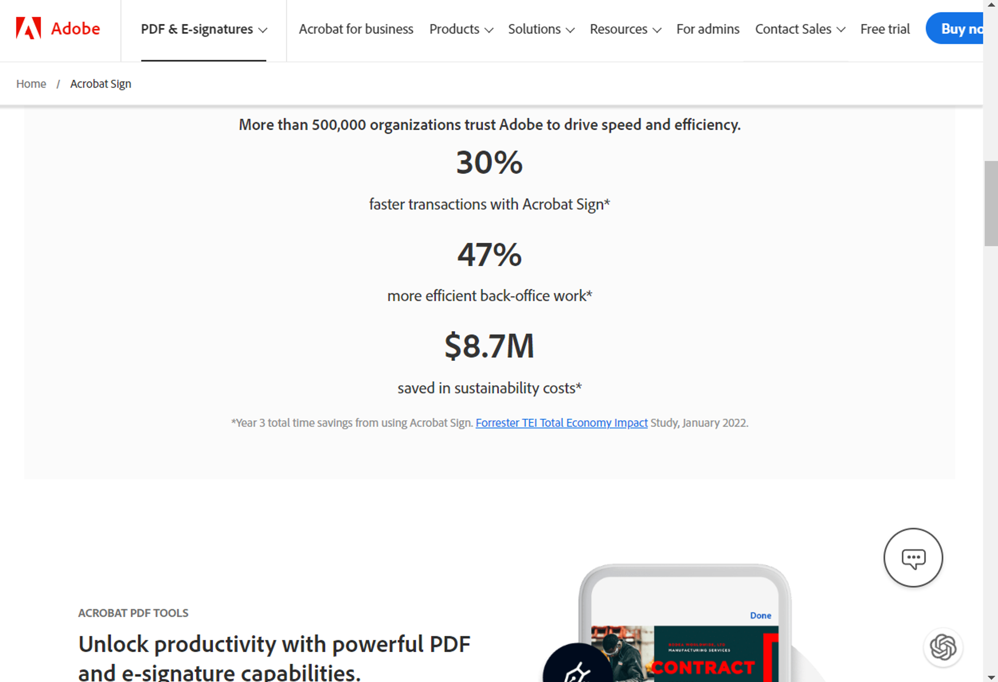 Adobe Acrobat Sign page highlighting performance stats, including a 30% faster transaction rate and $8.7M in sustainability savings.