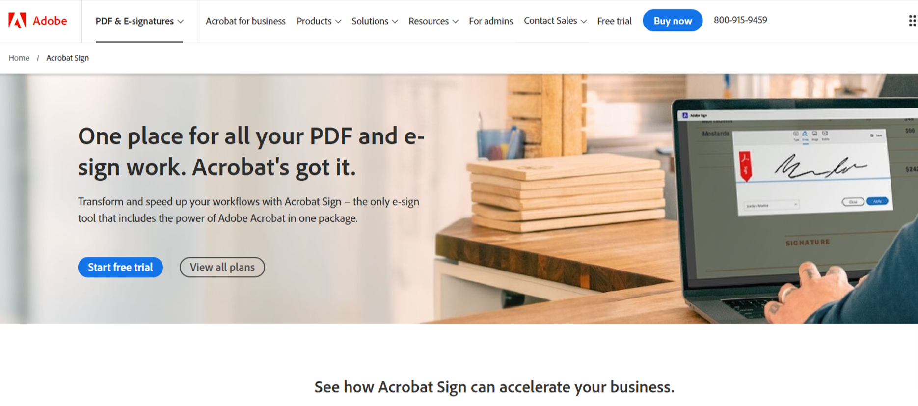 Adobe Acrobat Sign homepage highlighting e-signature features with a user signing a document on a laptop.