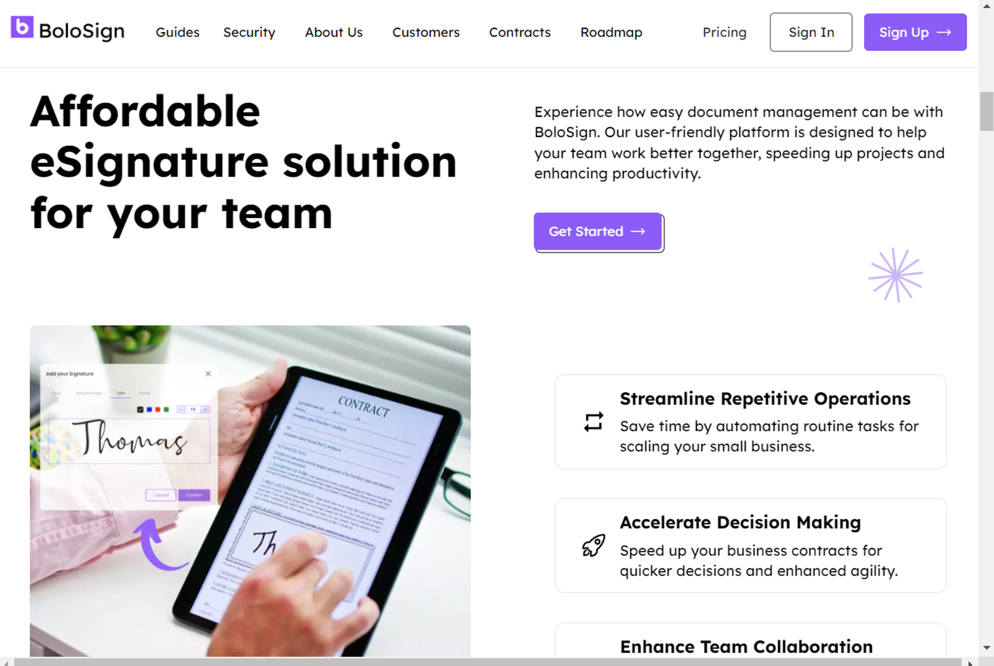 BoloSign webpage highlighting its eSignature solution with benefits for team collaboration, decision making, and operation streamlining.