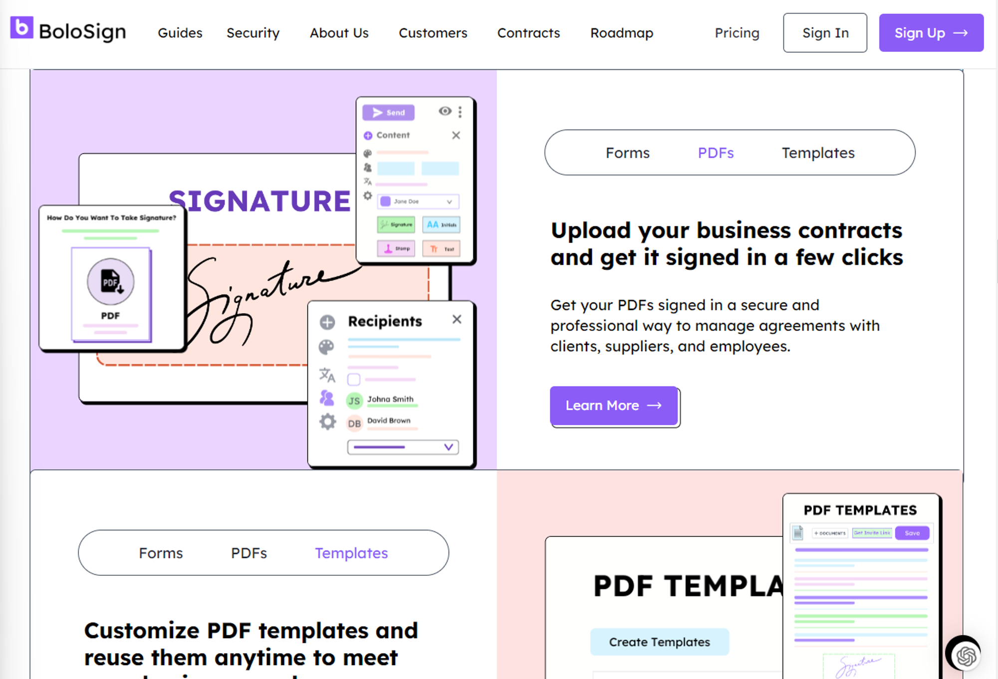 BoloSign webpage showing features to customize and reuse PDF templates for contracts, facilitating quick electronic signatures.