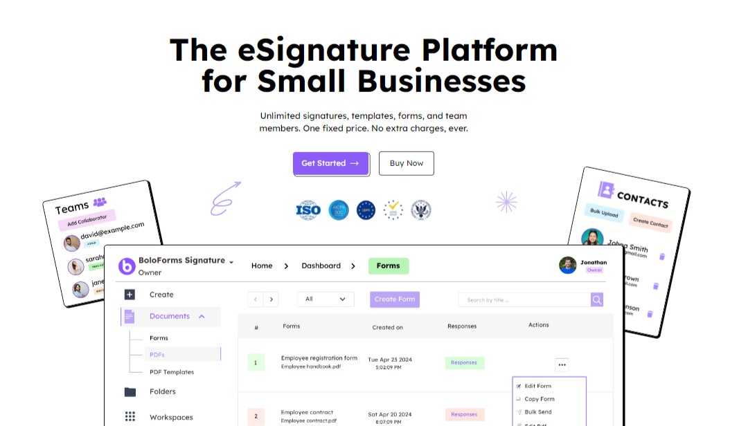 BoloSign homepage explaining benefits for small businesses with sections on forms, PDFs, and templates.