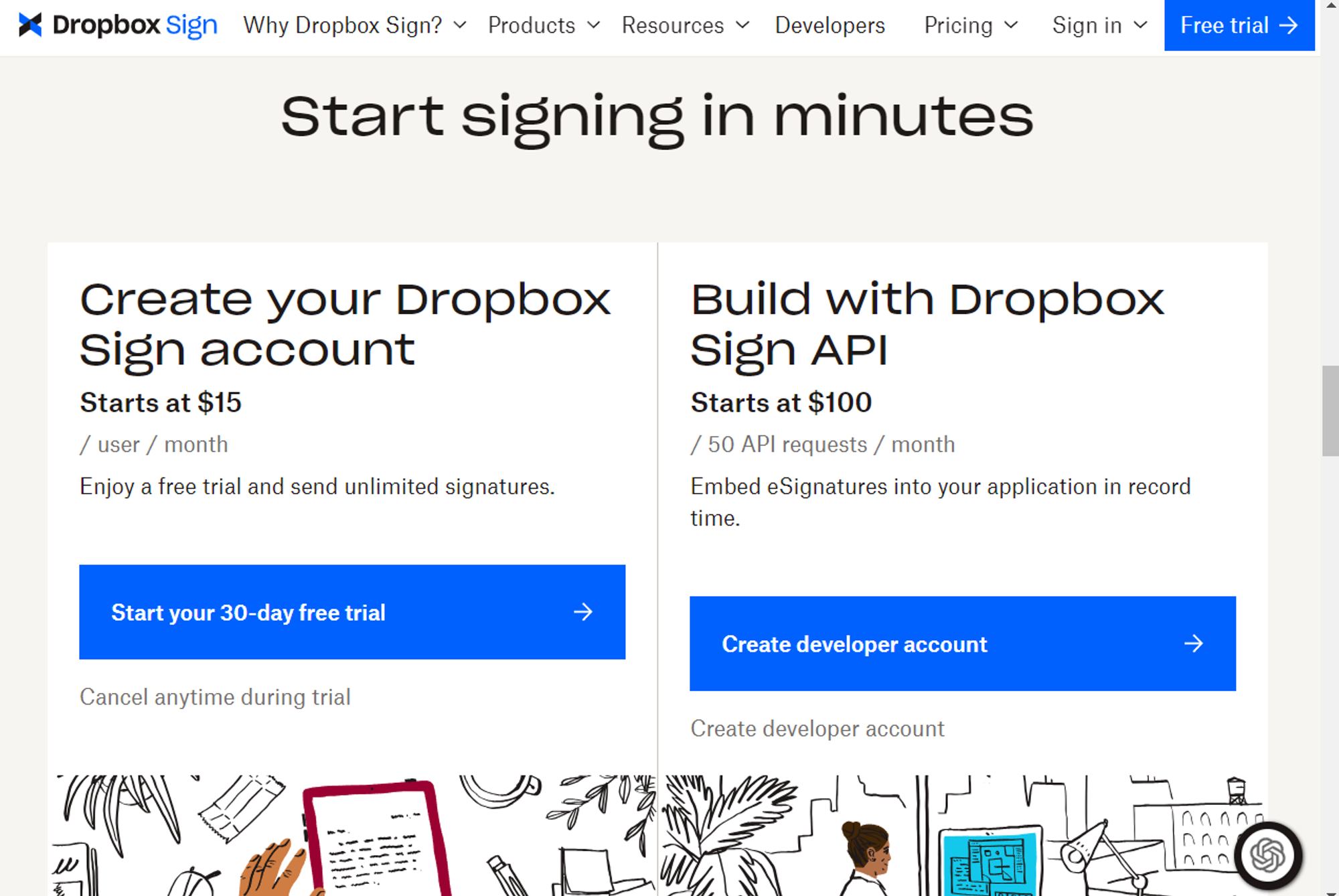 Dropbox Sign webpage showcasing its quick setup options for creating a new account and building with its API, featuring clear pricing and access to unlimited signatures.