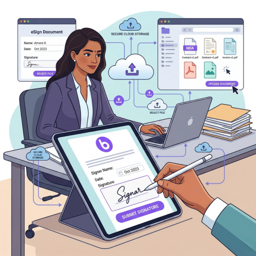 Illustration showing how to eSign documents online with BoloSign's step-by-step guides