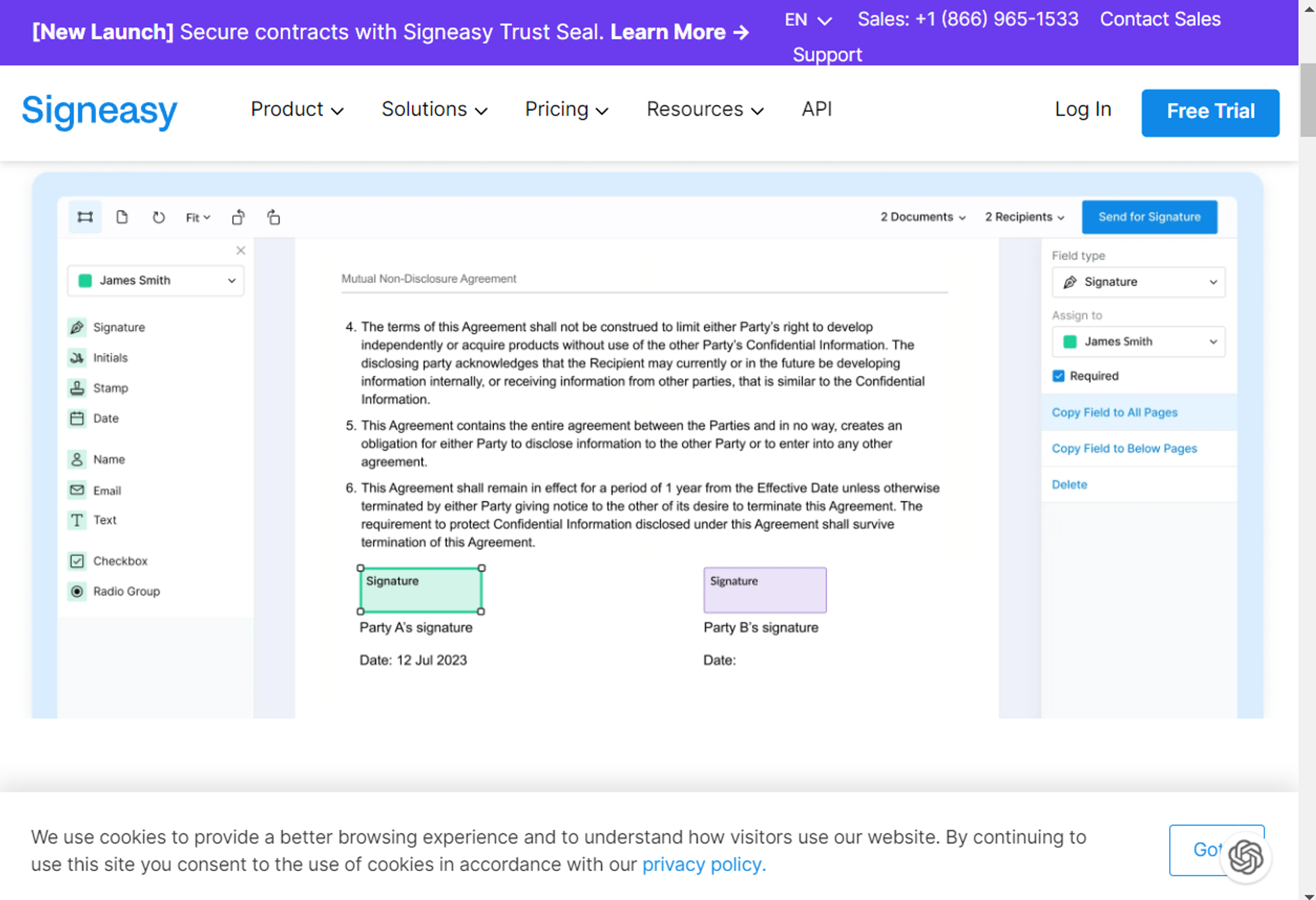 Signeasy platform screen showing a digital document with fields for signatures and other form elements.