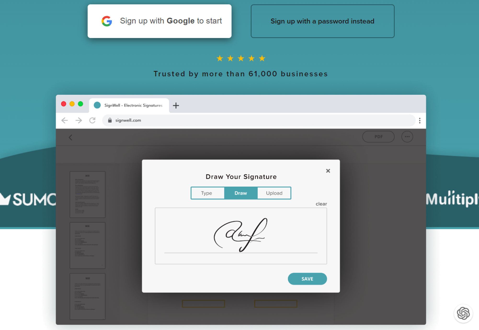 Screenshot of SignWell's signature drawing feature with Google sign-up option and a five-star rating display