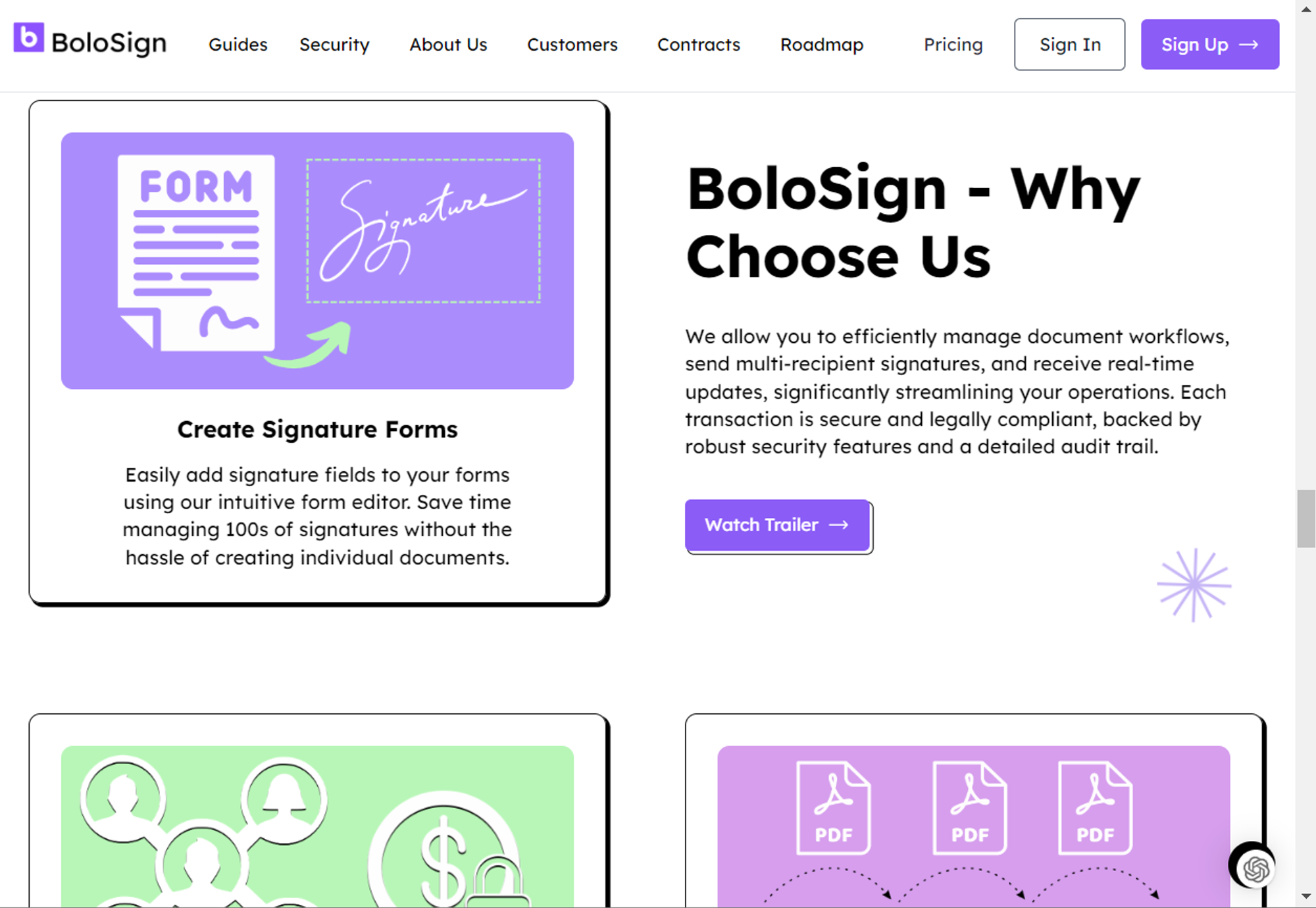 BoloSign webpage detailing features for creating signature forms and ensuring secure, compliant document transactions.